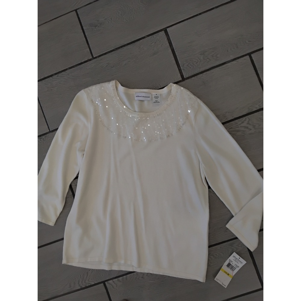 Alfred Dunner Ivory Sequin Neckline Knit Sweater Cloud Nine 88180 Ivory New- Med